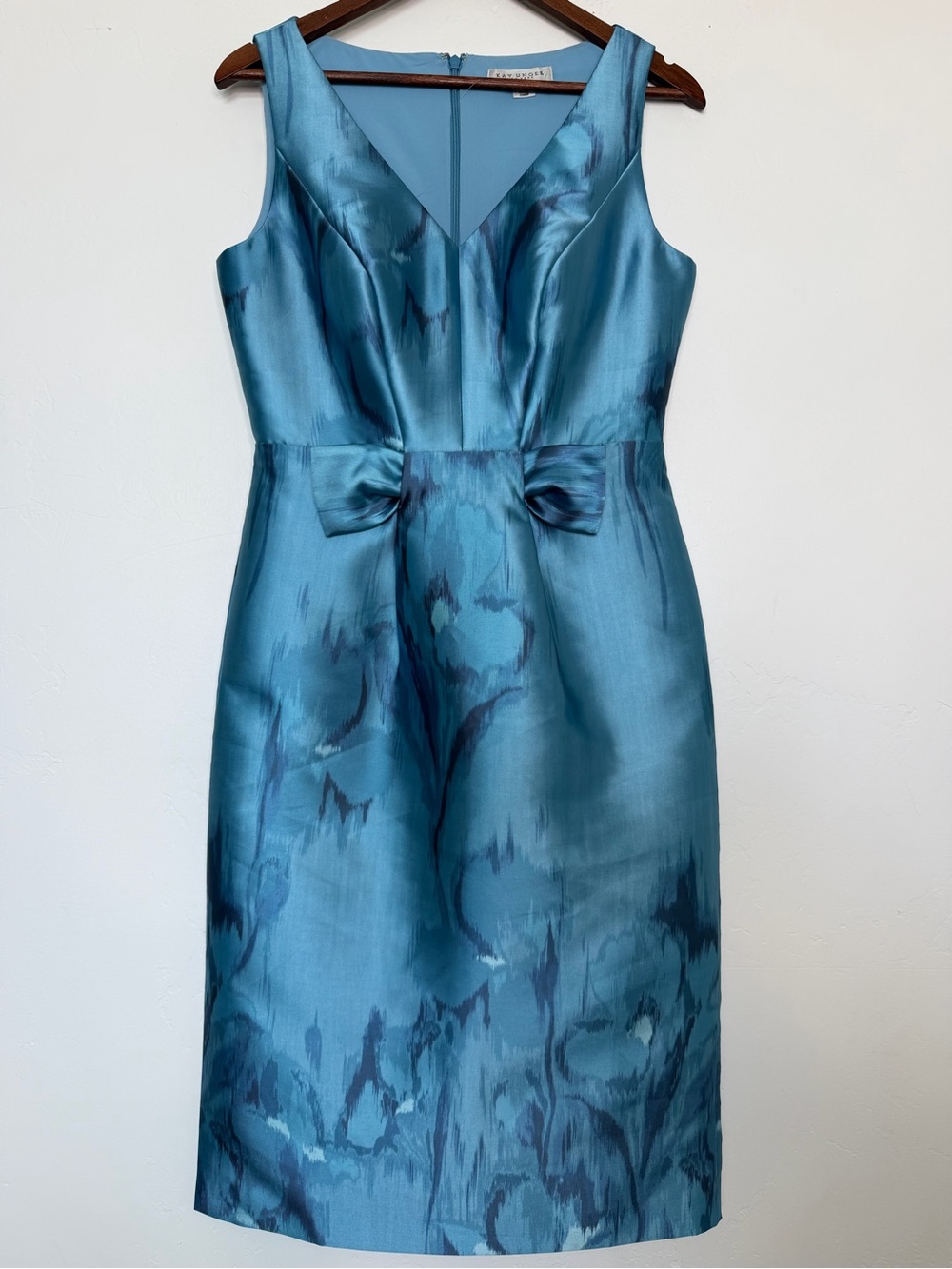 Kay Unger Blue Abstract Print Sheath Midi Dress Bow Detail Size 6 - Picture 2 of 4